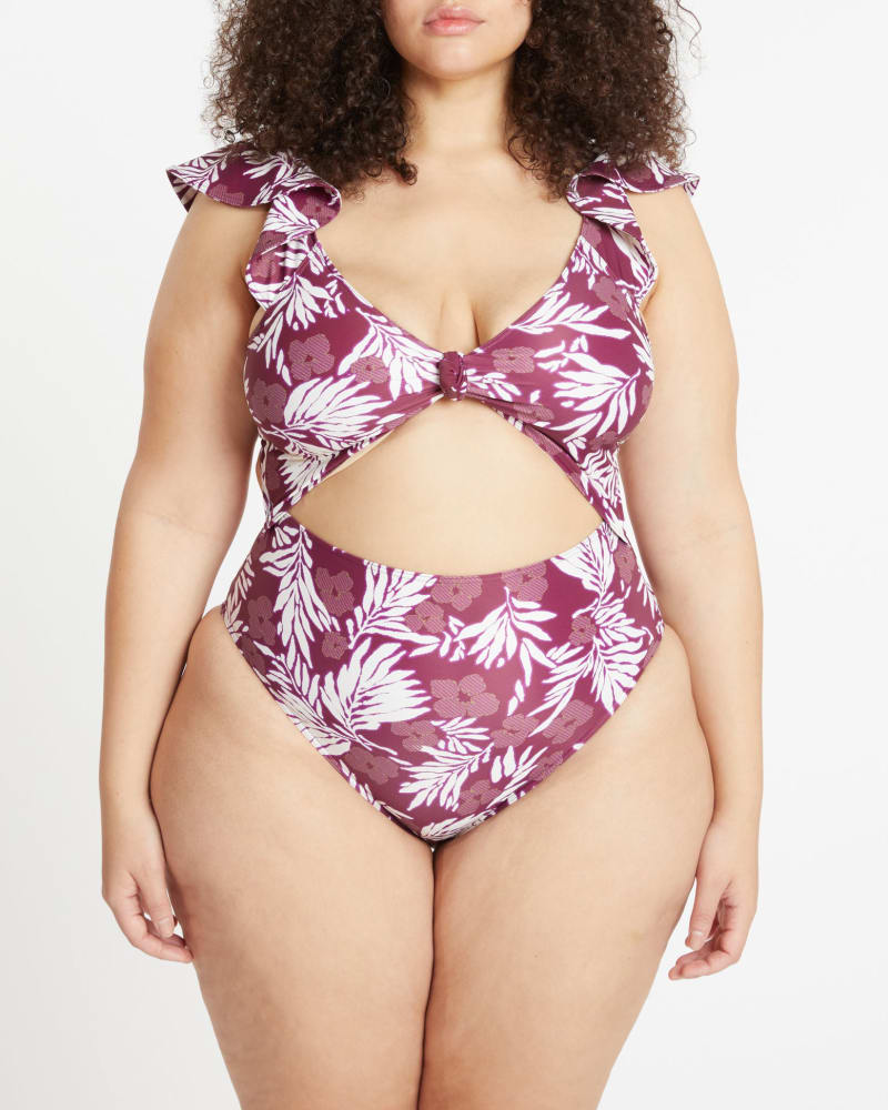 Front of a model wearing a size 1X Coraline One-Piece in MIDNIGHT PLUM MULTI by Tanya Taylor. | dia_product_style_image_id:283251